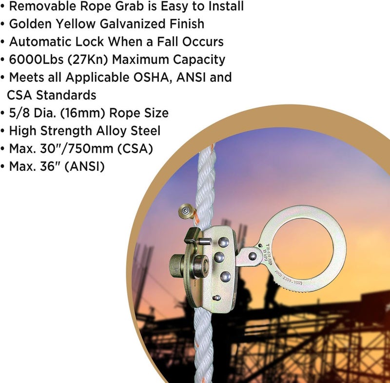 afp Self-Locking Rope Grab with 2.25 inch Connecting Eye, used with 5/8’’ Lifeline Rope, For Construction, Climbing, Fall-Protection, 310 lb. Capacity (OSHA/ANSI Compliant) - Image 3